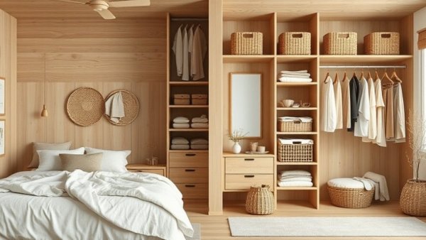 Coastal living space organization with natural wood tones.