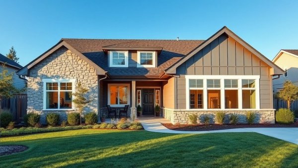 Modern house exterior in Sandia Park, stone accents, clear sky.