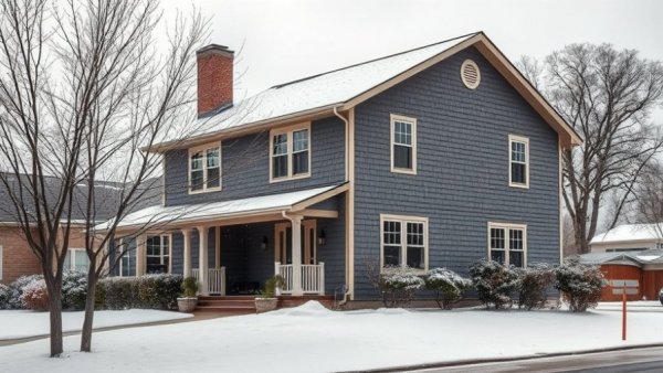 Winter siding installation in progress on a two-story house surrounded by snow.