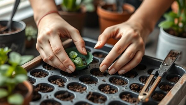 Hands planting seeds indoors with tools in soft light.
