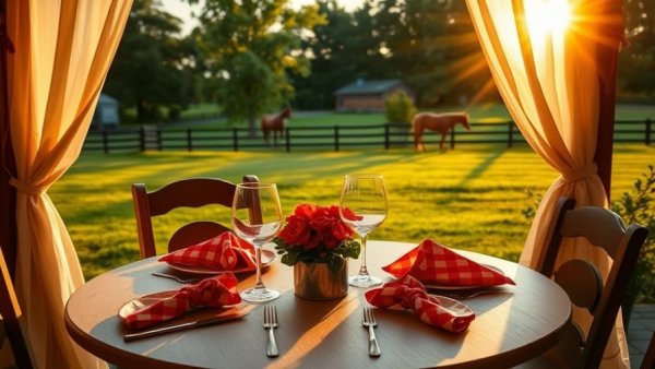 Cozy outdoor dining on Buckingham Horse Property at sunset.