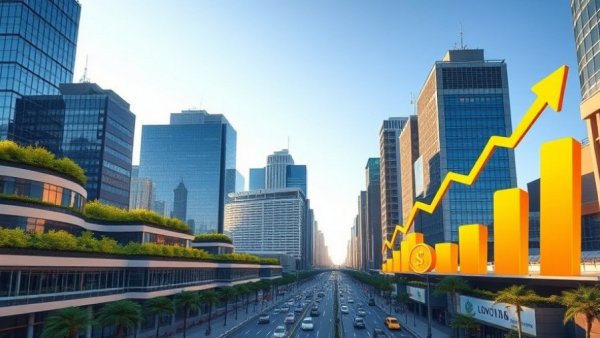 Cityscape showing strategies to increase commercial property value with growth symbols.