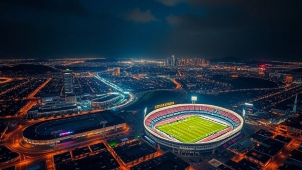 Aerial night view of stadium and city lights near The Agency Stark County office.