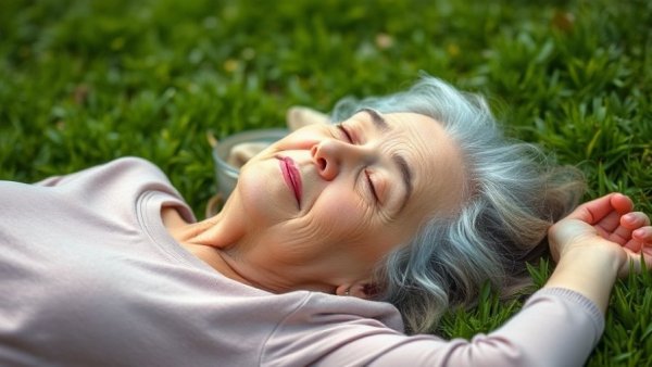 Elderly woman relaxing on grass, Need a Break from Everything.