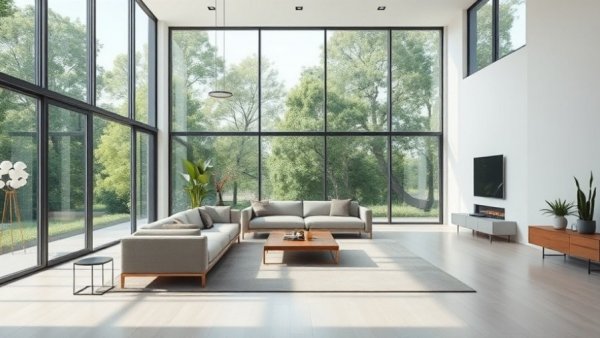 Bright modern living room with large windows to reduce indoor allergies.