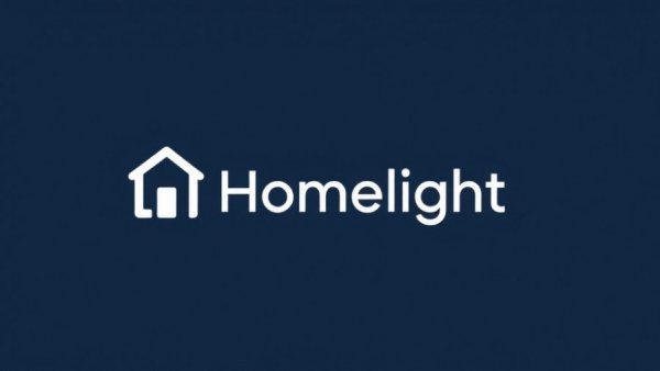 Minimalistic HomeLight logo on blue background.