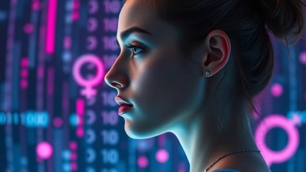 Digital transformation with gender symbols and futuristic theme.