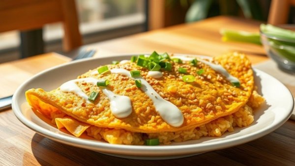 Crispy fried rice omelette with toppings on a plate.