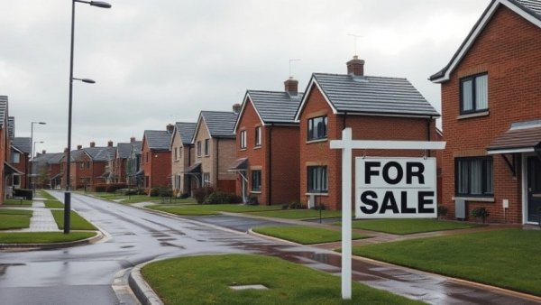 Home buyers spring market strategy with for sale sign in rainy suburb.