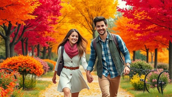 A cartoon couple holding hands in a colorful autumn park, symbolizing self-love before relationships.
