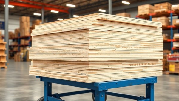 Neatly stacked plywood boards on blue cart in a hardware store.