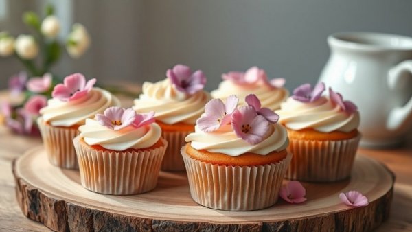 Beautiful cupcakes adorned with pink and purple flowers on a wooden board, showcasing fun things to bake when you’re bored.