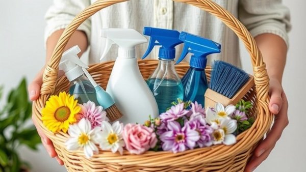 Forgotten spring cleaning spots with a basket of supplies and flowers.
