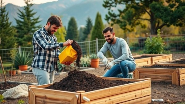 Couple filling a raised garden bed with soil outdoors.