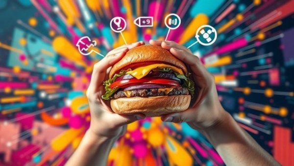 Perception Impacts Brand Trust in Commercial Real Estate, abstract background with burger and icons.