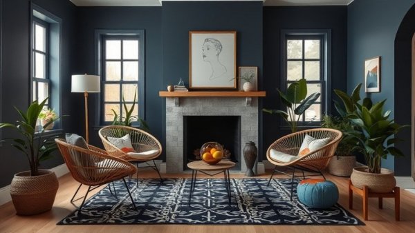 Modern living room featuring fireplace tiling and eclectic decor.