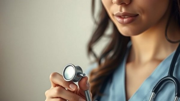Close-up of nurse holding stethoscope in blue uniform, highlighting scope in urgent care.