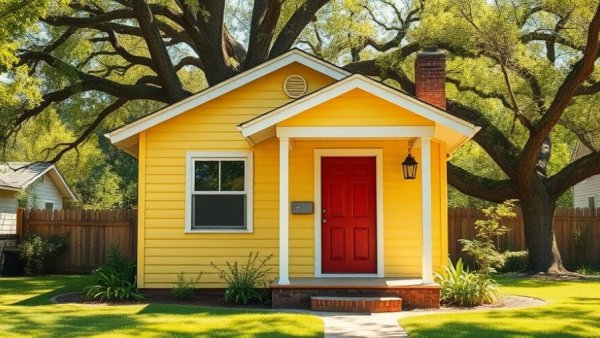 Charming yellow bungalow with red door under a big tree.