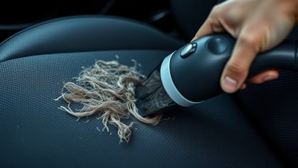 Vacuum removing dog hair from car seat for cleaning solutions.