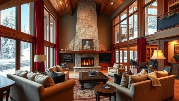 Elegant luxury ski home living room in Vail with fireplace.