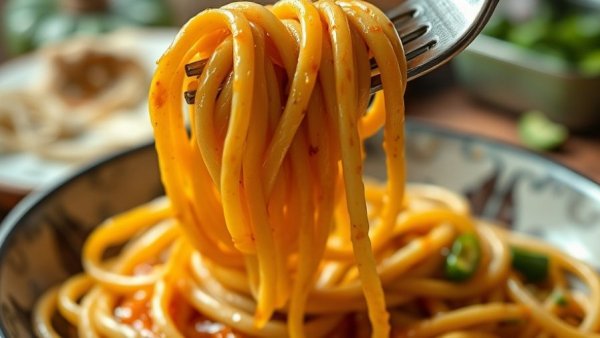 Tahini Chili Oil Noodles twirled on a fork with sauce.