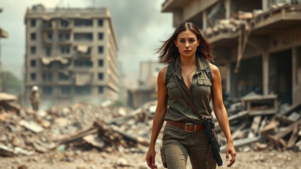 Woman amidst war-torn urban area; damaged building and debris.