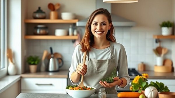 Casual young woman preparing a healthy meal in a cozy kitchen, easy habits to feel better.