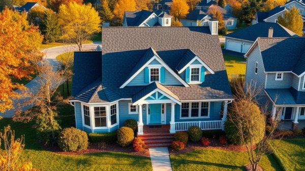 Charming suburban house with autumn trees, related to preliminary title report.