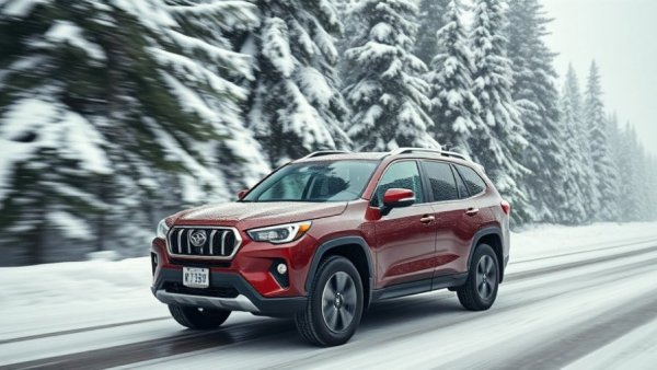 Maroon SUV with shape-shifting winter tires on snowy road.