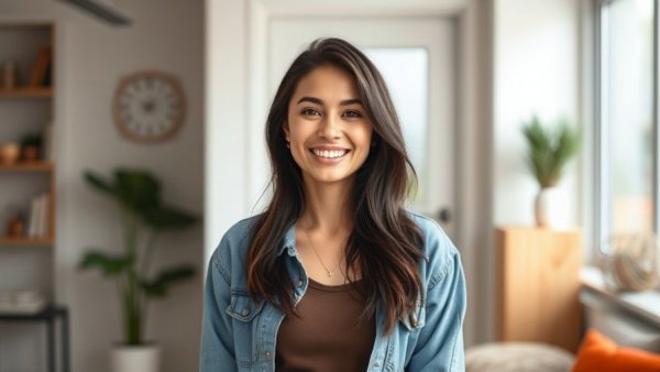 Inspiring woman in DIY, smiling confidently indoors.