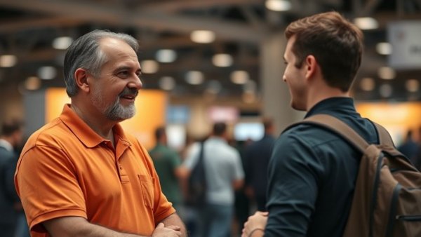 Two men discussing at a business expo for decking business growth.