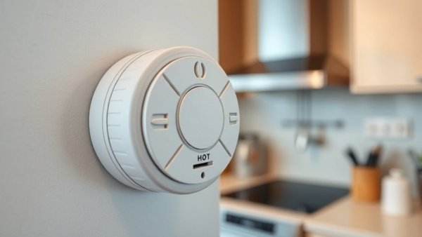Focused carbon monoxide detector in a modern kitchen setting.