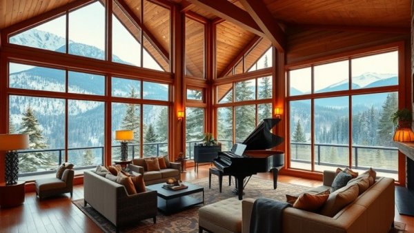 Elegant mountain retreat living room in Steamboat Springs showcasing lush exterior views.