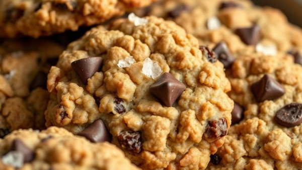 Healthy oatmeal raisin chocolate chip cookies close-up shot.