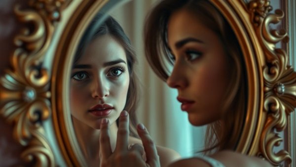 Reflective woman practicing self-kindness for women in colorful mirror.