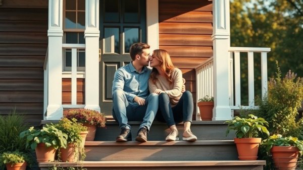 Affectionate couple on a porch, long-distance relationship ideas, warm scene.