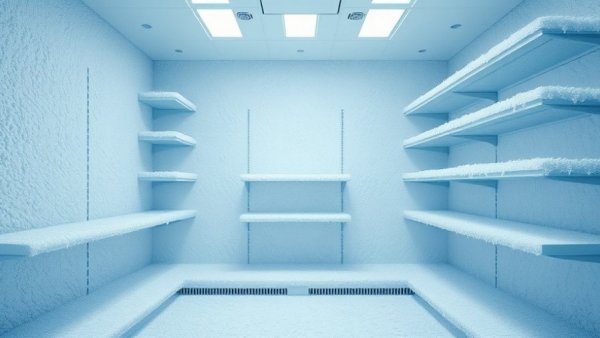 Empty frosty freezer with icy shelves interior