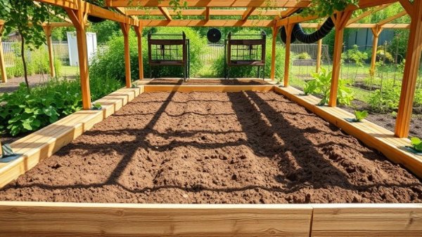 Structured year-round vegetable garden layout with raised bed.