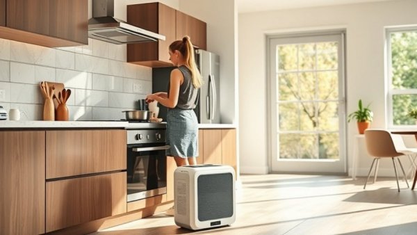 Modern kitchen with air purifier and person cooking, Air Purifier Discounts Allergy Season.