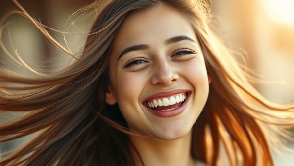 Confident smiling woman with flowing hair, facial plastic surgery awareness.