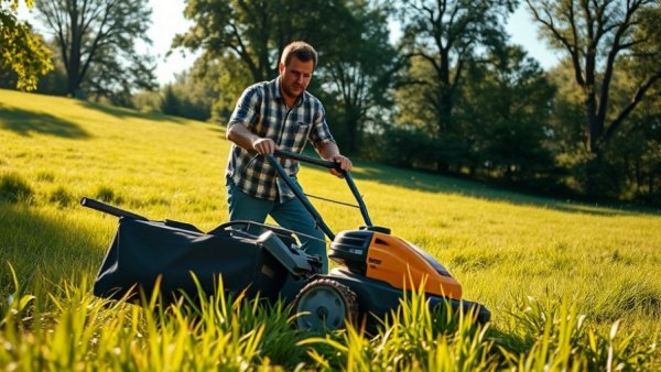 DeWalt battery lawn mower in use with discount alert tag.