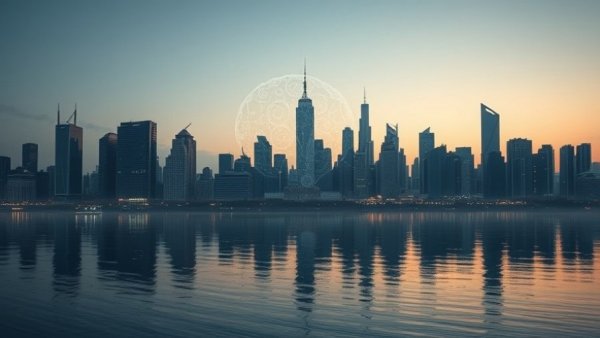 Futuristic city skyline with AI adoption in real estate theme.