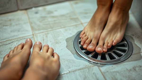 Feet near shower drain on wet tiles in bathroom.
