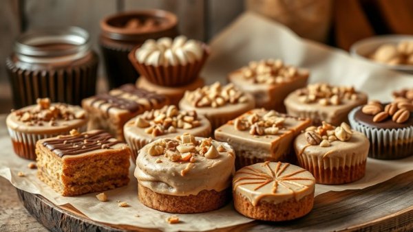 Assorted peanut butter desserts in bright natural light.
