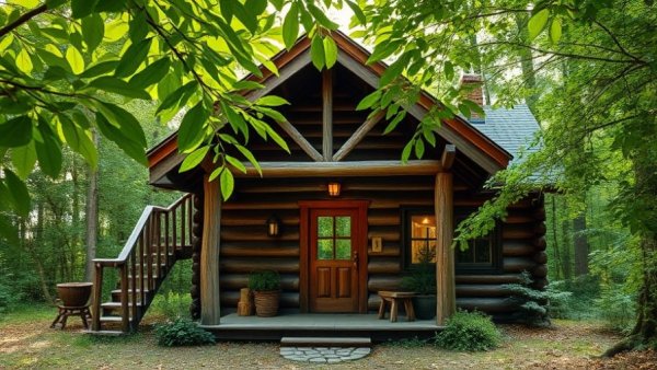 Rustic cabin for wellness retreats in rural Canada surrounded by greenery.