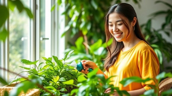 Smiling woman in yellow shirt watering houseplants in sunlight.