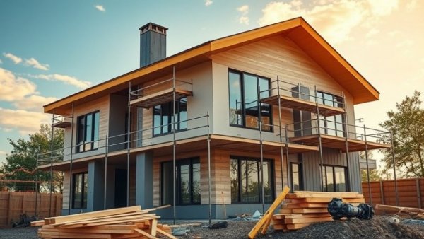 Modern house construction with financial graph overlay, signifying rising construction costs in 2026.