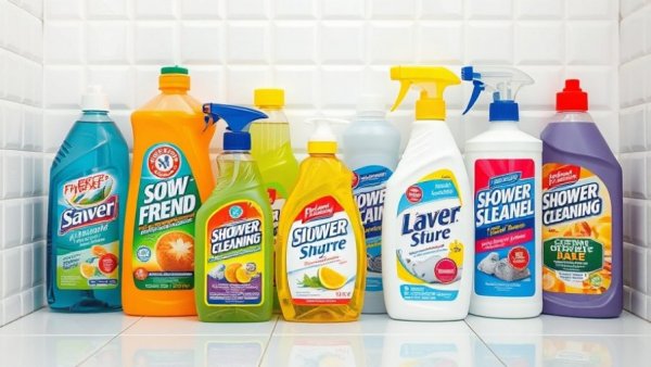 Collection of best shower cleaners in front of white tiles.