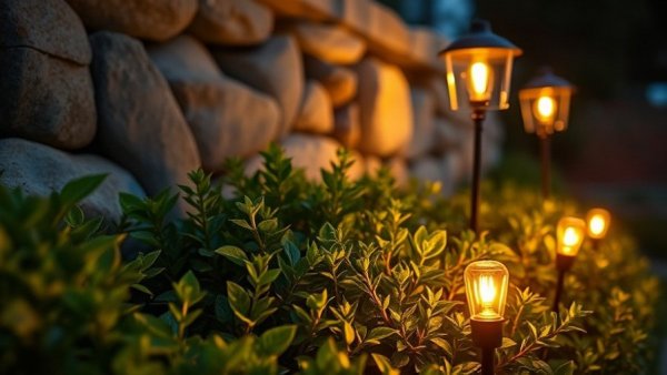 Elegant garden lighting ideas with warm glow against stone wall.