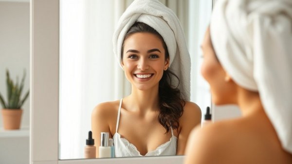 Preventive Dermatology in Nashville TN, woman in towel, looking in mirror.